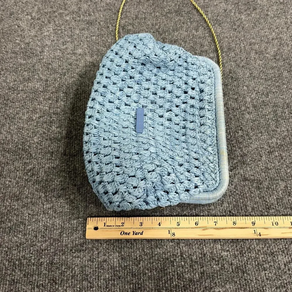 Loeffler Randall Clutch Womens Medium Blue Raffia Trudie Frame Crochet Handbag